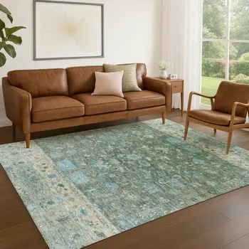 3' X 5' Sage Teal Blue And Beige Tribal Washable Indoor Outdoor Area Rug