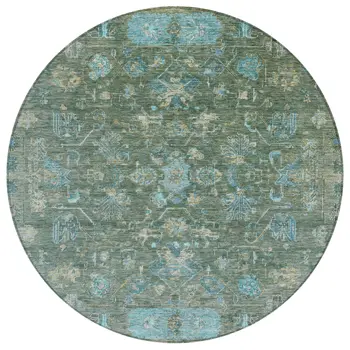 8' Sage Teal Blue And Beige Round Tribal Washable Indoor Outdoor Area Rug