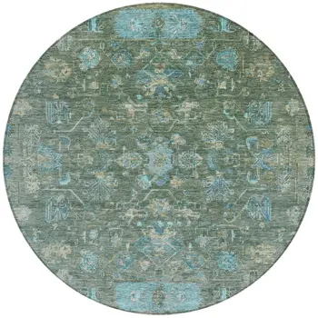 8' Sage Teal Blue And Beige Round Tribal Washable Indoor Outdoor Area Rug