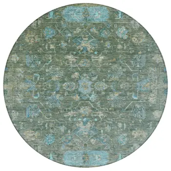 8' Sage Teal Blue And Beige Round Tribal Washable Indoor Outdoor Area Rug