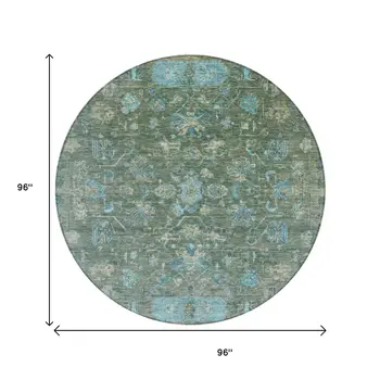 8' Sage Teal Blue And Beige Round Tribal Washable Indoor Outdoor Area Rug
