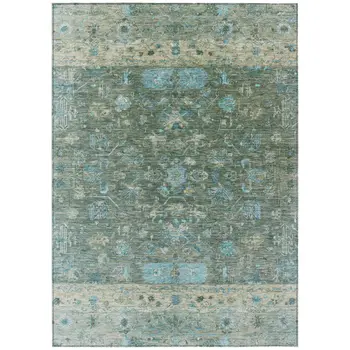 9' X 12' Sage Teal Blue And Beige Tribal Washable Indoor Outdoor Area Rug