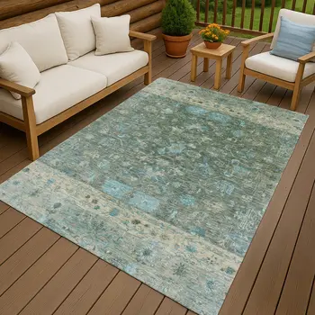 9' X 12' Sage Teal Blue And Beige Tribal Washable Indoor Outdoor Area Rug