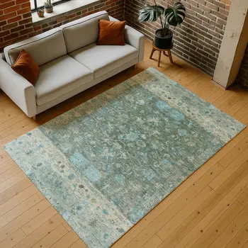 10' X 14' Sage Teal Blue And Beige Tribal Washable Indoor Outdoor Area Rug