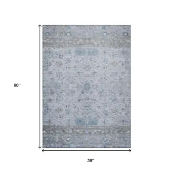 3' X 5' Sky Blue Gray And Ivory Tribal Washable Indoor Outdoor Area Rug