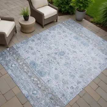 5' X 8' Sky Blue Gray And Ivory Tribal Washable Indoor Outdoor Area Rug