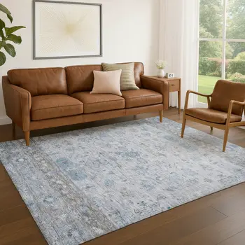 5' X 8' Sky Blue Gray And Ivory Tribal Washable Indoor Outdoor Area Rug