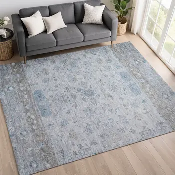 5' X 8' Sky Blue Gray And Ivory Tribal Washable Indoor Outdoor Area Rug