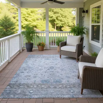 5' X 8' Sky Blue Gray And Ivory Tribal Washable Indoor Outdoor Area Rug