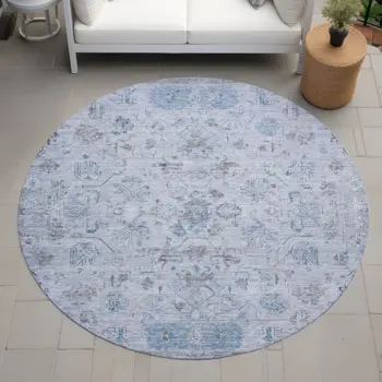 8' Sky Blue Gray And Ivory Round Tribal Washable Indoor Outdoor Area Rug