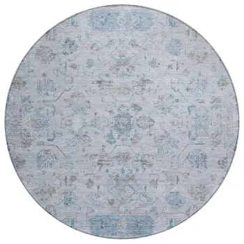 8' Sky Blue Gray And Ivory Round Tribal Washable Indoor Outdoor Area Rug