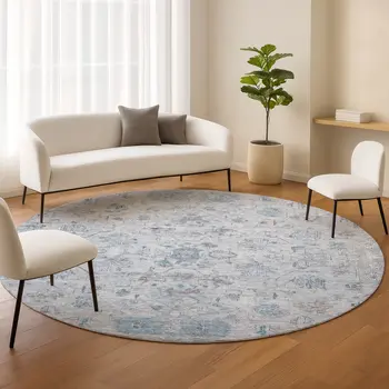 8' Sky Blue Gray And Ivory Round Tribal Washable Indoor Outdoor Area Rug