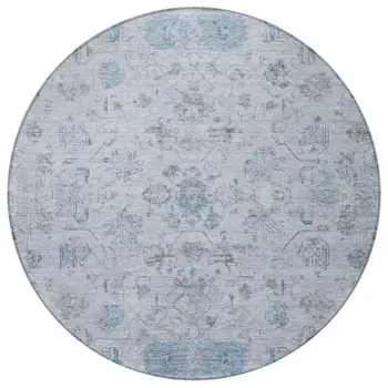 8' Sky Blue Gray And Ivory Round Tribal Washable Indoor Outdoor Area Rug