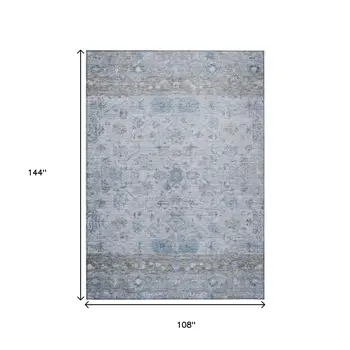 9' X 12' Sky Blue Gray And Ivory Tribal Washable Indoor Outdoor Area Rug