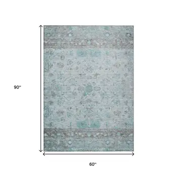 5' X 8' Teal Blue Gray And Silver Tribal Washable Indoor Outdoor Area Rug