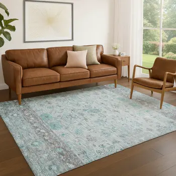 5' X 8' Teal Blue Gray And Silver Tribal Washable Indoor Outdoor Area Rug