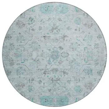 8' Teal Blue Gray And Silver Round Tribal Washable Indoor Outdoor Area Rug