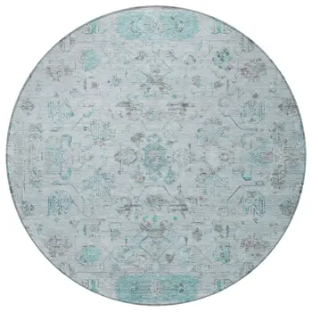8' Teal Blue Gray And Silver Round Tribal Washable Indoor Outdoor Area Rug