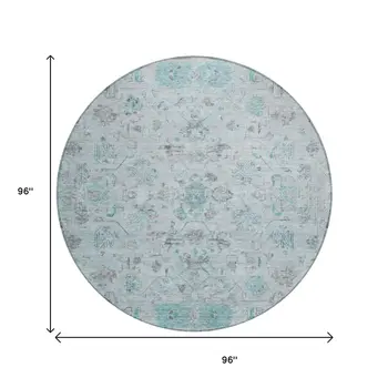 8' Teal Blue Gray And Silver Round Tribal Washable Indoor Outdoor Area Rug