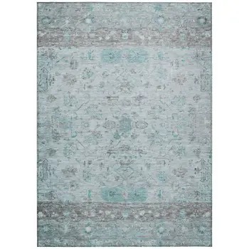 8' X 10' Teal Blue Gray And Silver Tribal Washable Indoor Outdoor Area Rug