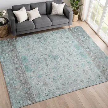 9' X 12' Teal Blue Gray And Silver Tribal Washable Indoor Outdoor Area Rug