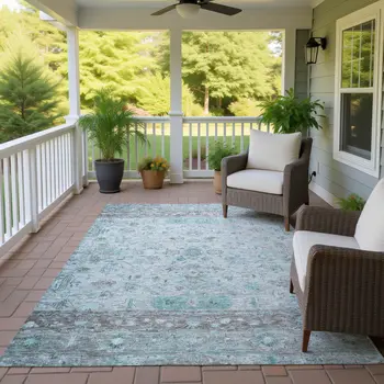 9' X 12' Teal Blue Gray And Silver Tribal Washable Indoor Outdoor Area Rug