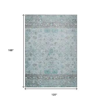 10' X 14' Teal Blue Gray And Silver Tribal Washable Indoor Outdoor Area Rug