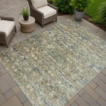 3' X 5' Artichoke Green Blue And Ivory Ikat Washable Indoor Outdoor Area Rug