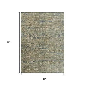 3' X 5' Artichoke Green Blue And Ivory Ikat Washable Indoor Outdoor Area Rug