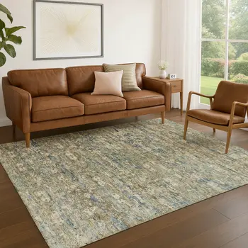 3' X 5' Artichoke Green Blue And Ivory Ikat Washable Indoor Outdoor Area Rug