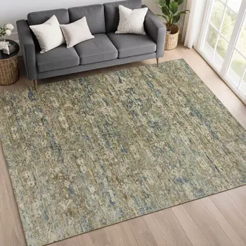 3' X 5' Artichoke Green Blue And Ivory Ikat Washable Indoor Outdoor Area Rug