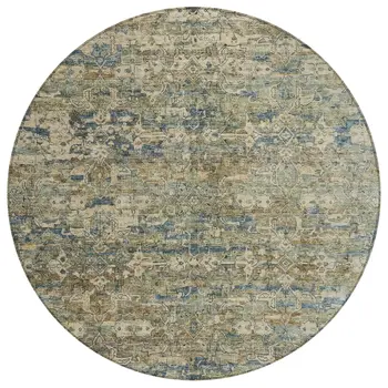 8' Artichoke Green Blue And Ivory Round Ikat Washable Indoor Outdoor Area Rug