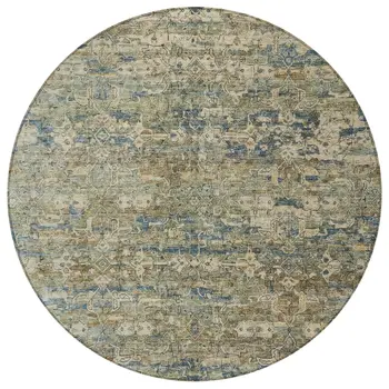 8' Artichoke Green Blue And Ivory Round Ikat Washable Indoor Outdoor Area Rug