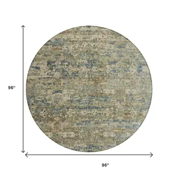 8' Artichoke Green Blue And Ivory Round Ikat Washable Indoor Outdoor Area Rug