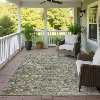 9' X 12' Artichoke Green Blue And Ivory Ikat Washable Indoor Outdoor Area Rug