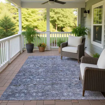 5' X 8' Blue And Brown Ikat Washable Indoor Outdoor Area Rug