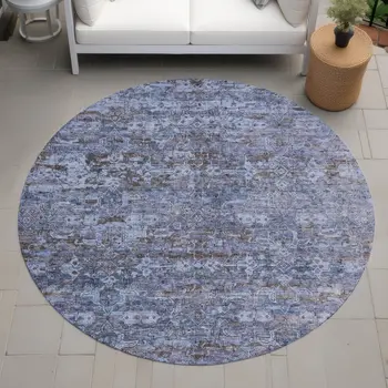 8' Blue And Brown Round Ikat Washable Indoor Outdoor Area Rug