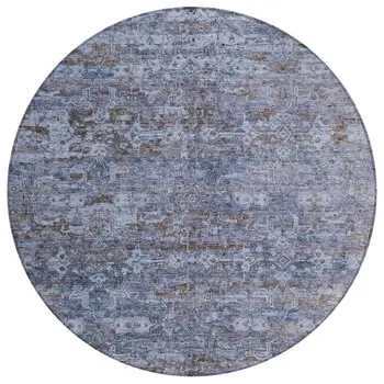 8' Blue And Brown Round Ikat Washable Indoor Outdoor Area Rug