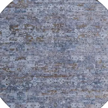 8' Blue And Brown Round Ikat Washable Indoor Outdoor Area Rug