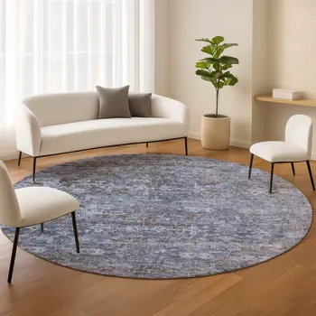 8' Blue And Brown Round Ikat Washable Indoor Outdoor Area Rug