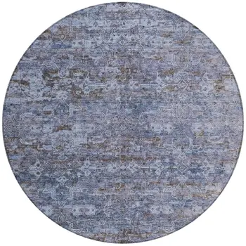 8' Blue And Brown Round Ikat Washable Indoor Outdoor Area Rug