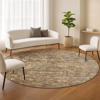 8' Brown And Beige Round Ikat Washable Indoor Outdoor Area Rug