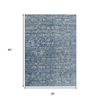 3' X 5' Denim Blue And Ivory Ikat Washable Indoor Outdoor Area Rug
