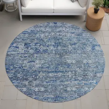 8' Denim Blue And Ivory Round Ikat Washable Indoor Outdoor Area Rug