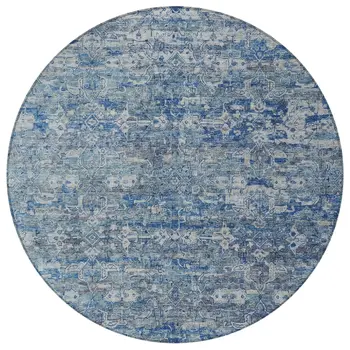 8' Denim Blue And Ivory Round Ikat Washable Indoor Outdoor Area Rug
