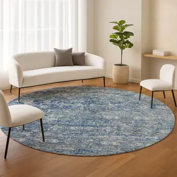8' Denim Blue And Ivory Round Ikat Washable Indoor Outdoor Area Rug