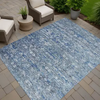 8' X 10' Denim Blue And Ivory Ikat Washable Indoor Outdoor Area Rug