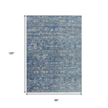 8' X 10' Denim Blue And Ivory Ikat Washable Indoor Outdoor Area Rug