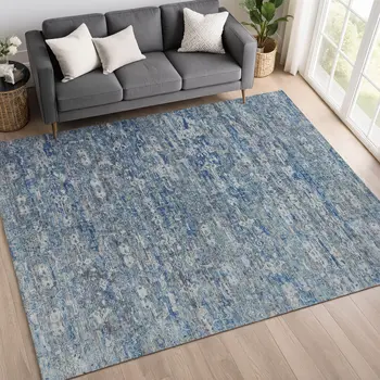 10' X 14' Denim Blue And Ivory Ikat Washable Indoor Outdoor Area Rug