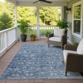 10' X 14' Denim Blue And Ivory Ikat Washable Indoor Outdoor Area Rug